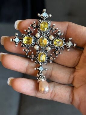 Yellow Gemstone Brooch with Pearl Drop - Women's Jewelry